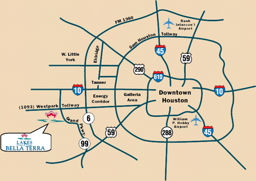 Map to Lakes of Bella Terra, Richmond TX